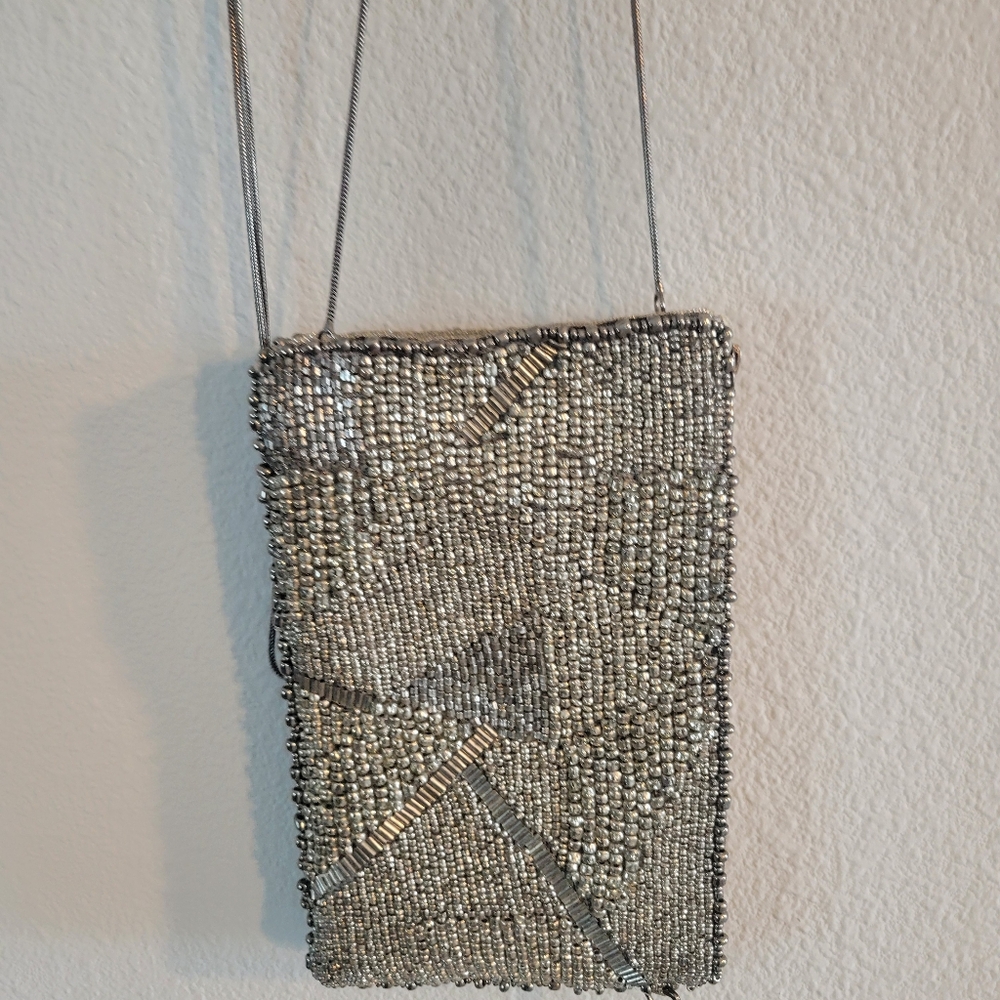MARY FRANCES Silver Beaded With Long Chain Strap Exelent - Picture 2 of 12